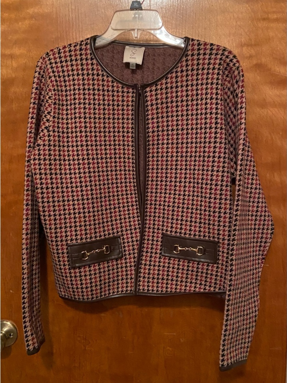 Sioni Houndstooth Jacket with Faux Leather Trim
